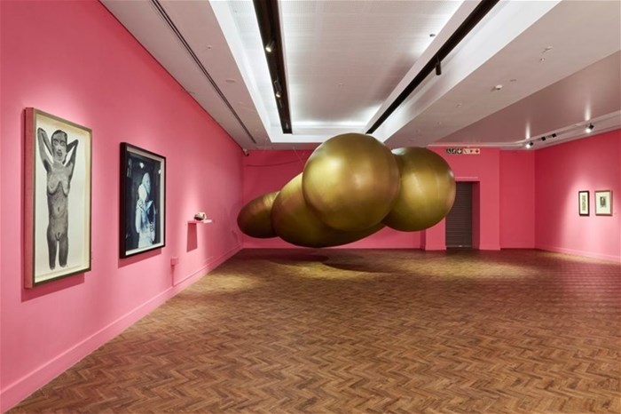 Inflatable sculpture by Goldendean placed in dialogue with works by other artists - Credit Anthea Pokroy.