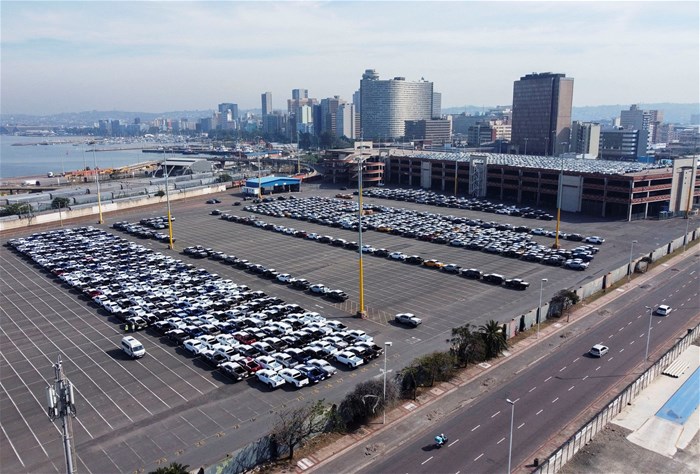 File photo: A drone view of cars, ready to be loaded onto a ship, at the car terminal in port in Durban, South Africa, 9 July 2025. Reuters/Rogan Ward/File Photo