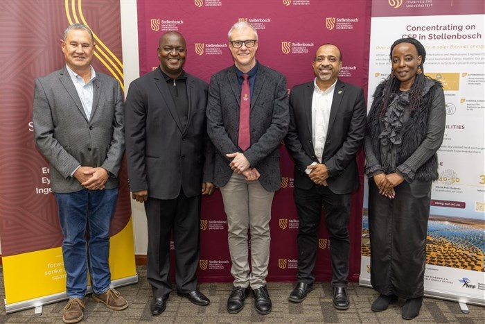Professor Wikus van Niekerk, dean of the Faculty of Engineering; Professor Sam Tshehla, acting deputy vice chancellor: strategy, global and corporate affairs and representing the SU Rector and vice-chancellor at the event; Professor Craig McGregor, Mr Nandu Bhula, ACWA Power’s country general manager; and Professor Sibusiso Moyo, deputy vice-chancellor: research, innovation and postgraduate studies. Image supplied.