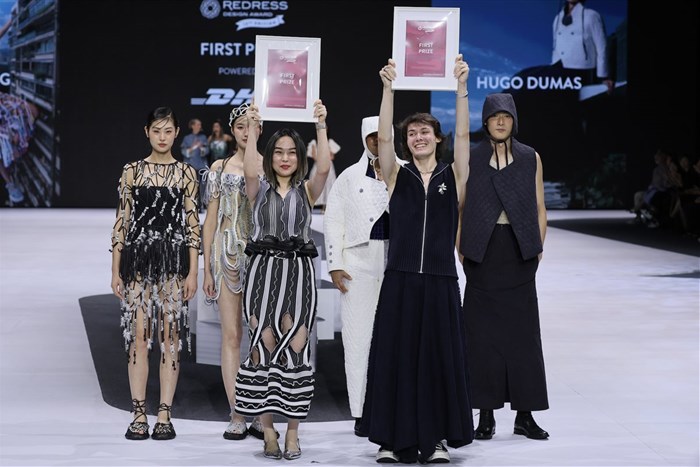 2025 Redress Design Award first prize winners Hugo Dumas from France and Carla Zhang from Mainland China. Image supplied.