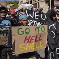 About 200 activists marched to the Constitutional Court in Johannesburg on Tuesday to support Wild Coast communities opposing seismic surveys and oil exploration rights granted to Shell and Impact Africa. Photo: Ihsaan Haffejee