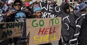About 200 activists marched to the Constitutional Court in Johannesburg on Tuesday to support Wild Coast communities opposing seismic surveys and oil exploration rights granted to Shell and Impact Africa. Photo: Ihsaan Haffejee