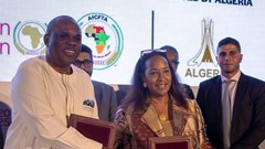 Source: Supplied. Benedict Oramah, president and chairman of the Board of Directors of Afreximbank and Pamela Coke-Hamilton, executive director of ITC.