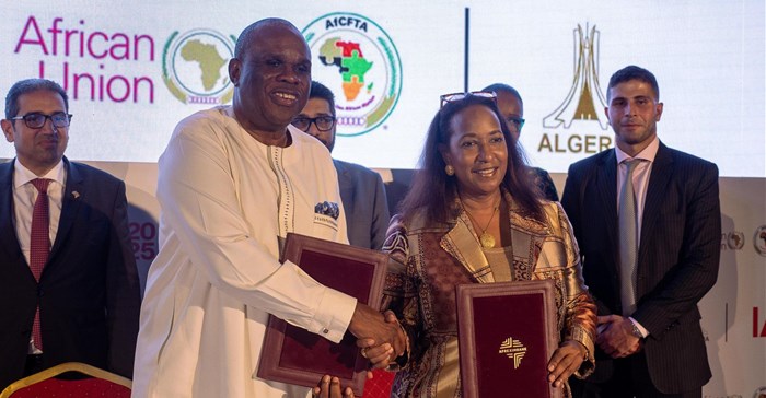 Source: Supplied. Benedict Oramah, president and chairman of the Board of Directors of Afreximbank and Pamela Coke-Hamilton, executive director of ITC.