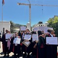 About 30 magistrates protested outside Parliament at lunch time on Wednesday afternoon. Photo: Zora Hollie / GroundUp