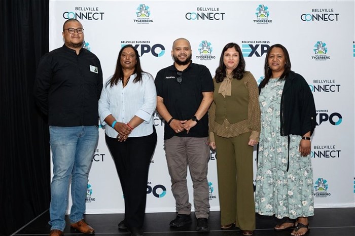 The 2025 Bellville Connect Business Level Up Programme Top 3 Winners image caption: (Left to Right): 3rd winner: Cazri Johnson – Ncinci Ndiqala, Jay Pillay, Business Level Up Programme Lead at GTP, 1st Winner: Sodieq Barendse – Pekkish,Nasmera Buckus, COO at GTP,2nd winner: Carmy Davis – Davis Clothing.