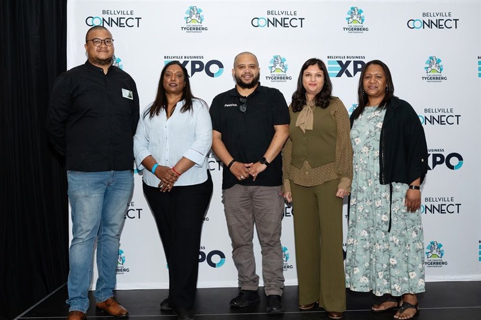 The 2025 Bellville Connect Business Level Up Programme Top 3 Winners image caption: (Left to Right): 3rd winner: Cazri Johnson – Ncinci Ndiqala, Jay Pillay, Business Level Up Programme Lead at GTP, 1st Winner: Sodieq Barendse – Pekkish,Nasmera Buckus, COO at GTP,2nd winner: Carmy Davis – Davis Clothing.