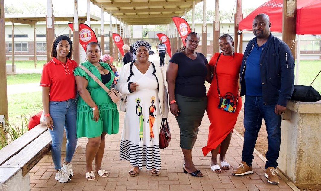 At the ribbon-cutting ceremony held in Danganya, left to right: Remolebogile Masupye, brand manager at Premier FMCG | house beneficiaries Nozipho Luthuli, Muntu Mthiyane, Silindile Mthembu, and Thembelihle Nhleko | Councillor Sfiso Mkhize, deputy chairperson of the Human Settlements and Infrastructure Committee in the eThekwini Municipality