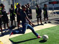 Grassroot soccer coach George at Fives Futbol speed gun