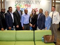 From left to right:
At the Mega City branch launch, Kamarlasen Padayachee, Selvan Moodley, Stuart Johnson, Ithala SOC Limited, Sandile Xolo, Ithala SOC Limited, Leigh-Ann Thomas, Imraan Mohamed, Lauren Kolic and Elton Bartlett, branch designer