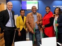 From left to right:
Stuart Johnson, Sebenzile Hadebe, PR intern, Sibongiseni Bhengu, PR intern, Sibongiseni Derrick Bhengu, a client, Zanele Duma, a client and Angie Mabanda, Ithala branch manager